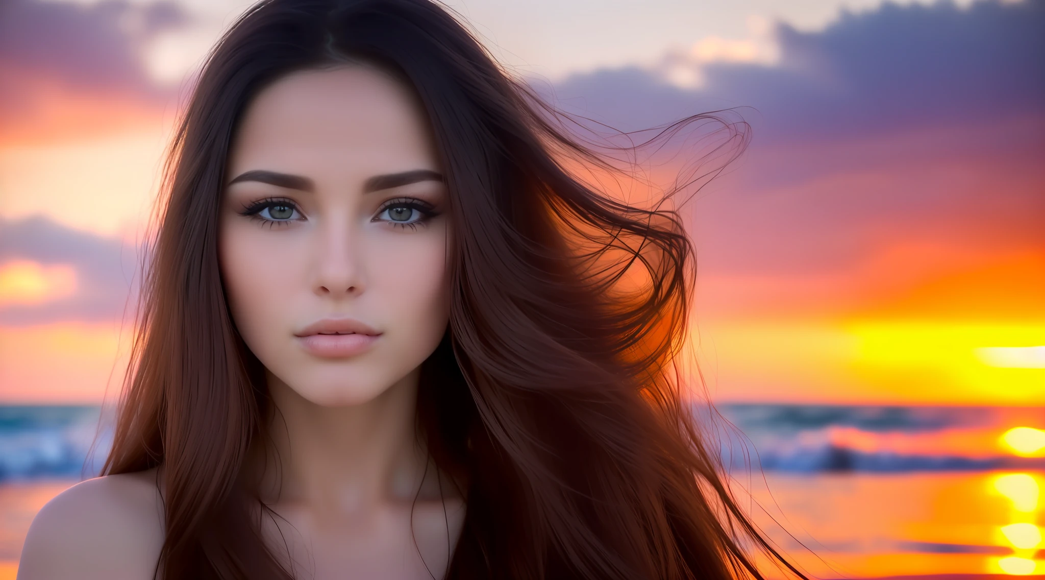 a close up of a woman with long hair on a beach, extremely beautiful face, soft portrait shot 8 k, fierce expression 4k, gorgeous attractive face, attractive beautiful face, karol bak uhd, ultra beautiful face, beautiful portrait, gorgeous face portrait, beautiful art uhd 4 k, beautiful girl portrait, backlit beautiful face, photorealistic beautiful face