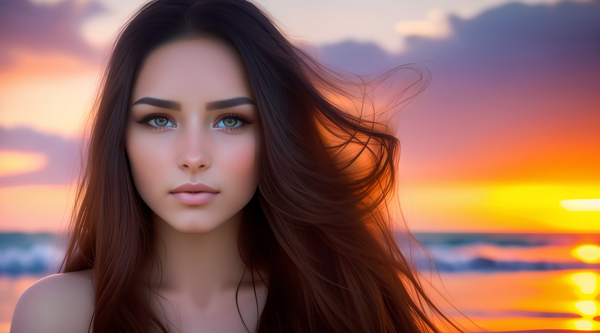 Close up portrait of woman with long hair on the beach, very beautiful face, soft portrait shot 8k, intense expression 4K, gorgeous attractive face, charming beautiful face, Karol Bak UHD, super beautiful face, beautiful portrait, gorgeous face portrait, beautiful art UHD 4K, portrait of beautiful girl, beautiful face with backlight, photorealistic beautiful face, sunglasses with blue lenses,