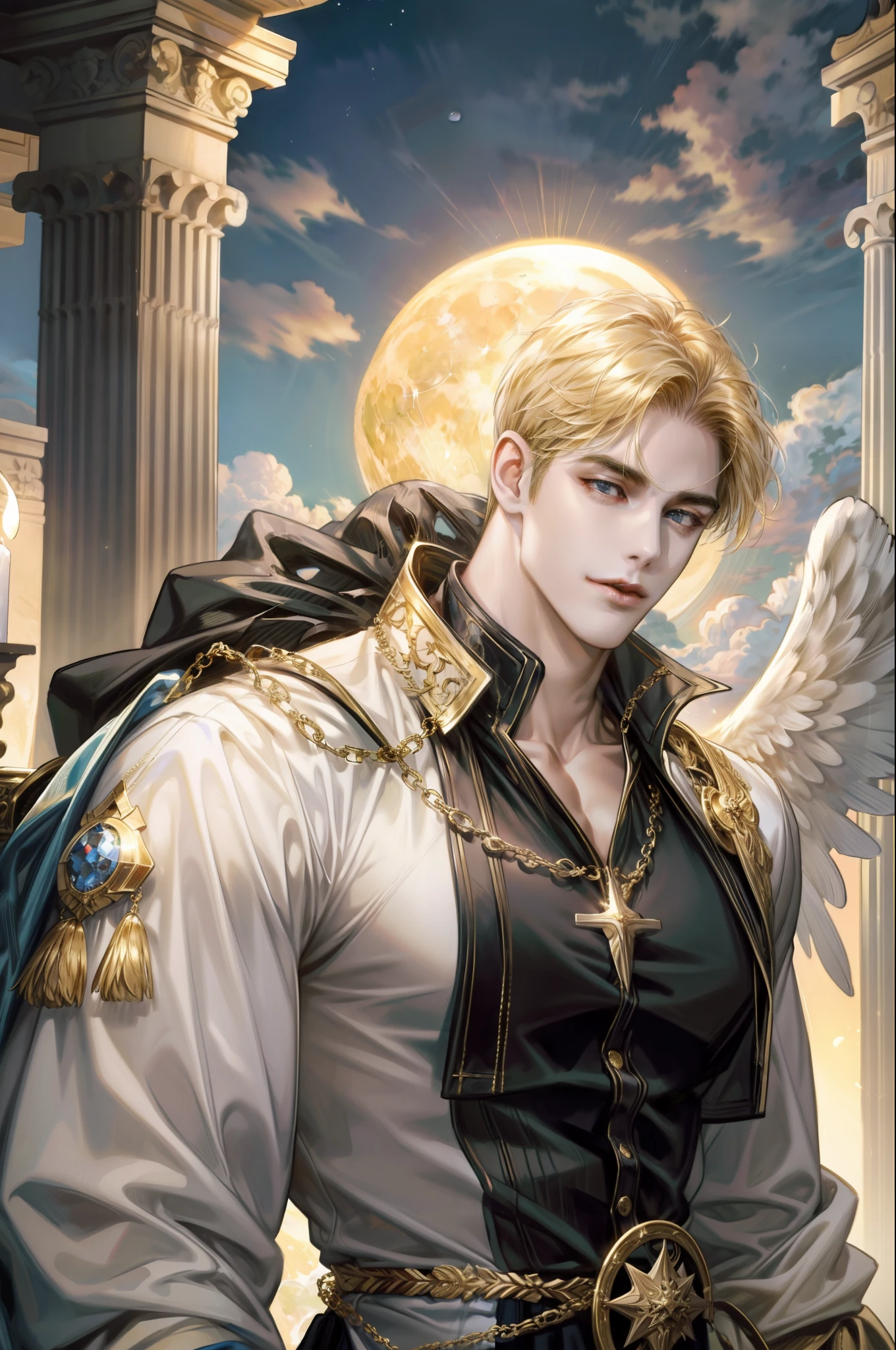 absurdres, highres, ultra detailed), 1 male, adult, handsome, tall muscular guy, broad shoulders, finely detailed eyes,  looking down, solo, upper body, detailed background, detailed face, cloud, angel, heaven, moon, light smile, no top anything, long skirt, gold waist chain, bright gold belt, medieval fantasy setting, high fantasy, heaven, cloud,    angel,      moon, star, fantastic, closed mouth, upper body