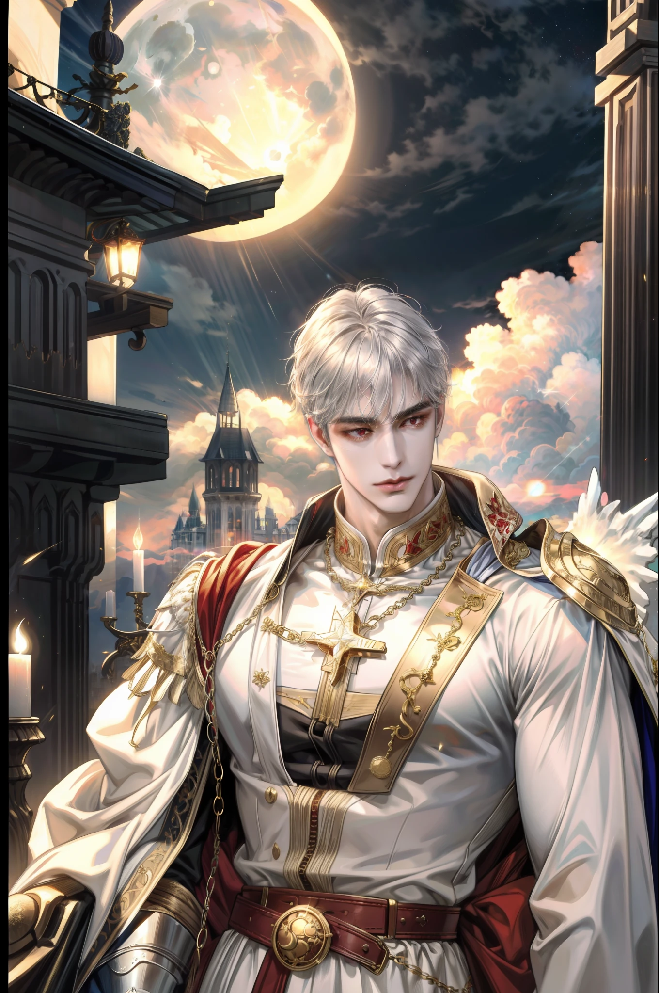 absurdres, highres, ultra detailed), 1 male, adult, handsome, tall muscular guy, broad shoulders, finely detailed eyes,  looking down, solo, upper body, detailed background, detailed face, cloud, angel, heaven, moon, light smile, no top anything, long skirt, gold waist chain, bright gold belt, medieval fantasy setting, high fantasy, heaven, cloud,    angel,      moon, star, fantastic, closed mouth, upper body, silver long hair, red eyes