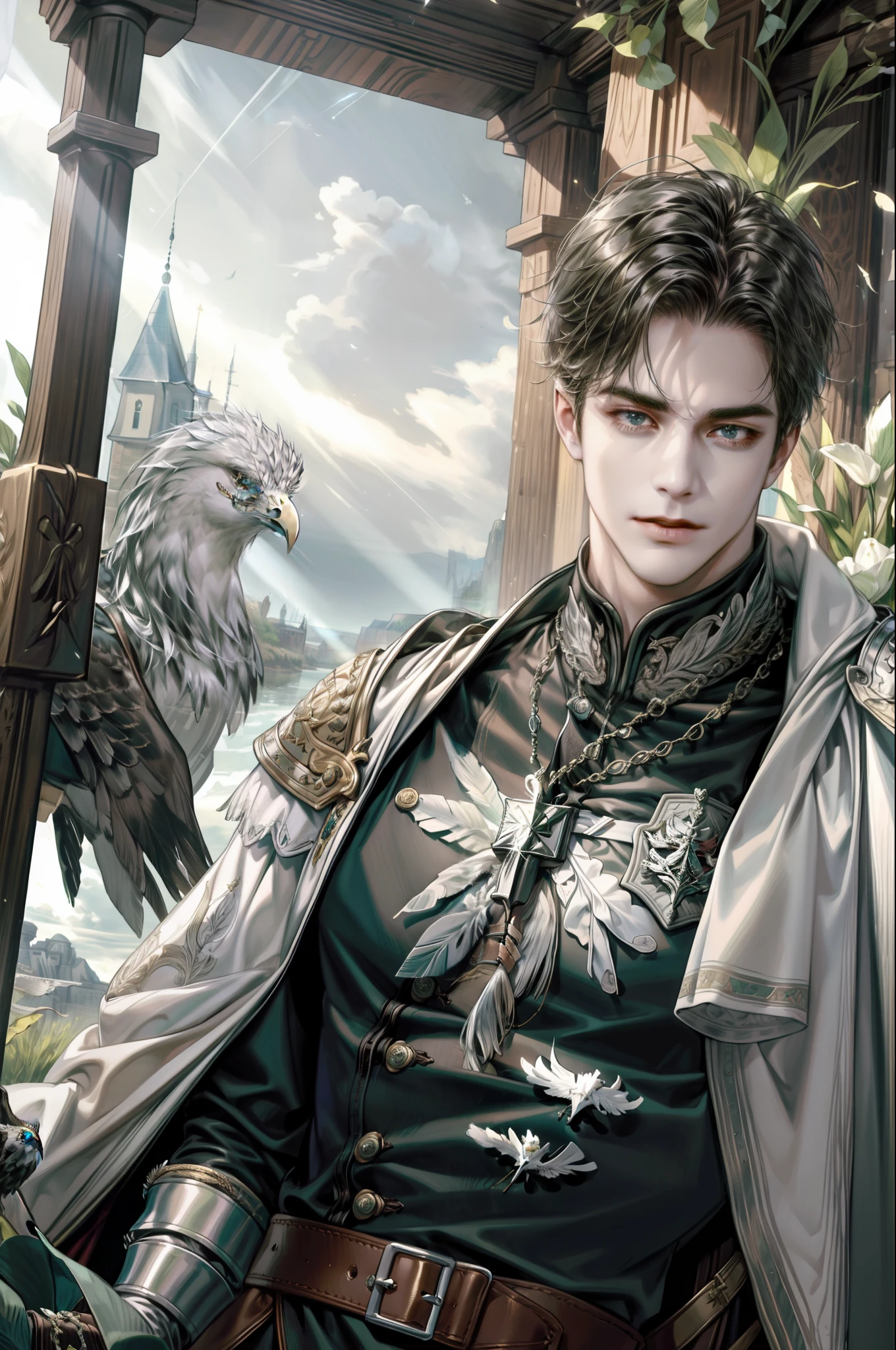 (absurdres, highres, ultra detailed), 1 male, adult, handsome, tall muscular guy, broad shoulders, finely detailed eyes,  looking down, solo, upper body, detailed background, detailed face, falconer, bird resting on shoulder, eagle resting on shoulder, falconer gloves, light smile,  medieval fantasy setting, high fantasy, gray  leather clothes, capelet,    straps, belt, serene forest, bushes,    river,      flowers, birds, feathers,   crossbow,  mist,, (dutch angle), closed mouth, upper body