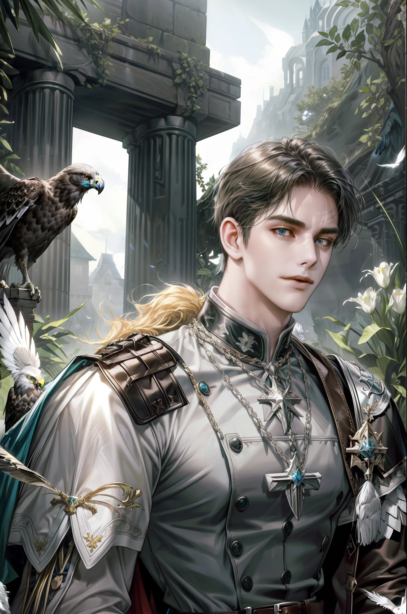 (absurdres, highres, ultra detailed), 1 male, adult, handsome, tall muscular guy, broad shoulders, finely detailed eyes,  looking down, solo, upper body, detailed background, detailed face, falconer, bird resting on shoulder, eagle resting on shoulder, falconer gloves, light smile,  medieval fantasy setting, high fantasy, gray  leather clothes, capelet,    straps, belt, serene forest, bushes,    river,      flowers, birds, feathers,   crossbow,  mist,, (dutch angle), closed mouth, upper body