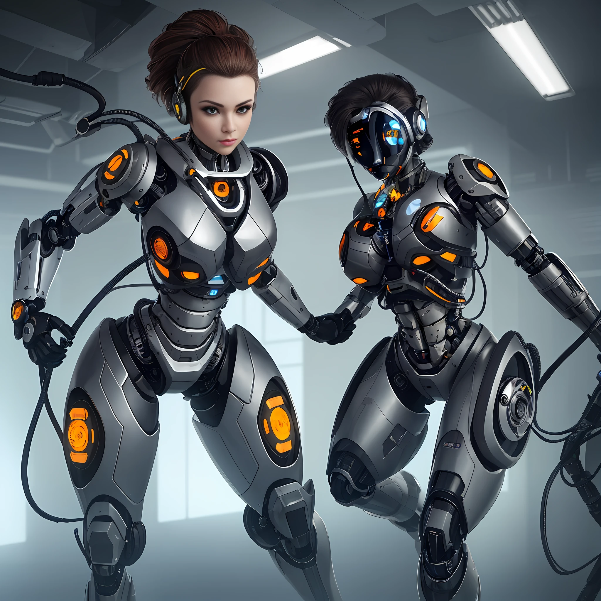 Es gibt zwei Roboter, die nebeneinander stehen, diverse Cyberanzüge, Cyberanzüge, Cyborgs arbeiten, Science-Fiction-Androide weiblich, Wunderschönes Roboter-Charakterdesign, robot cyborgs, schönes Cyborg-Mädchen, süßes Cyborg-Mädchen, inspiriert von Marek Okon, weiblicher Cyborg, Mädchen in Mecha-Cyber-Rüstung, junge Cyborg-Dame, cyborg girl