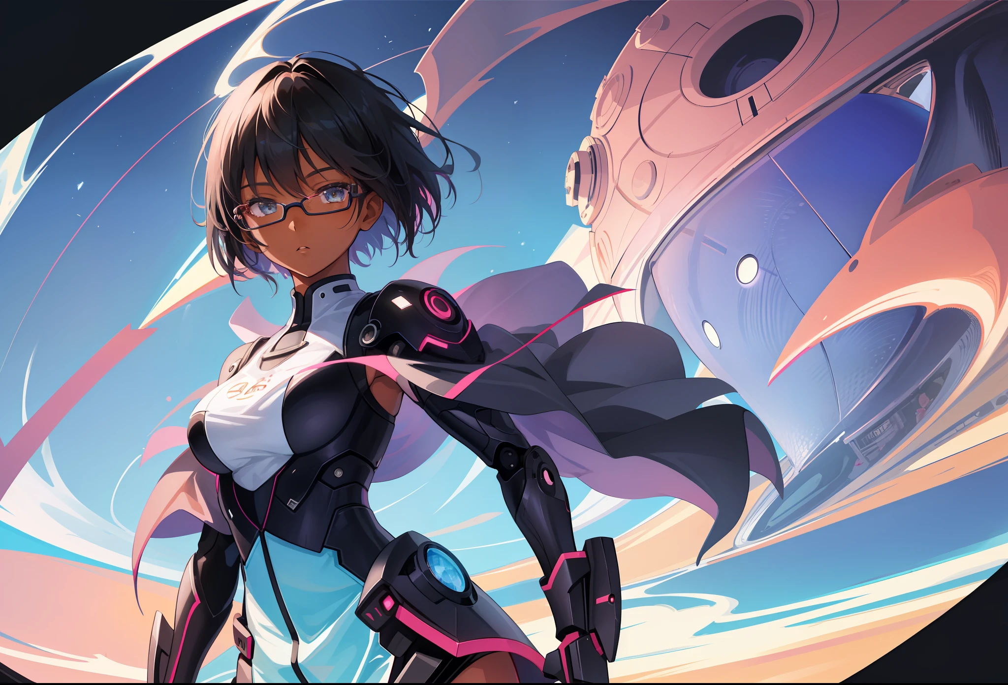 1girl)), anime, dark short hair, dark skin, glasses - SeaArt AI