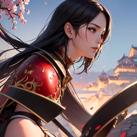masterpiece, best quality, photorealistic, 1girl, armor, attacking with sword,((8k portrait of beautiful mixed asian woman, side profile, masterpice, side lighting)), long hair, detailed light samurai armor, ((blood red armor, black interior)), cinematic l...