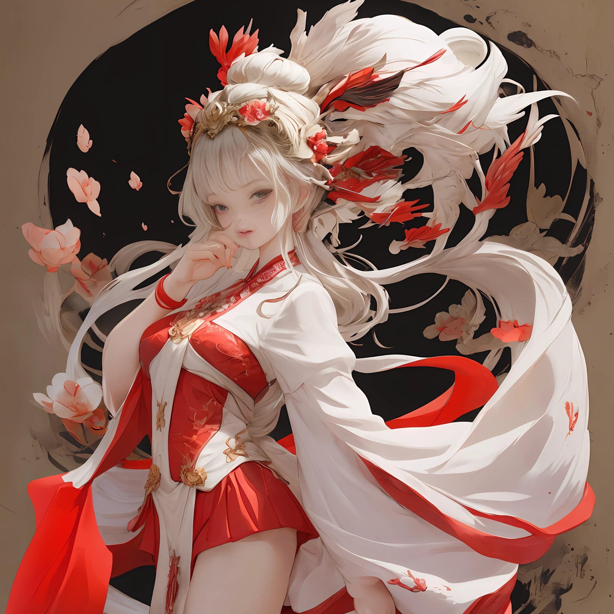 a girl, ancient chinese clothing, full body, sunlight, clear face, clean white background, masterpiece, super detail, epic composition, ultra hd, high quality, extremely detailed, official art, uniform 8k wallpaper, super detail, 32k red pupils, an extremely delicate beautiful girl, 8k wallpaper, best quality, full body closeup, white long dress, luxury silky bright red chiffon flood (illusion, glitter, ultra-thin, soft,) hanfu,