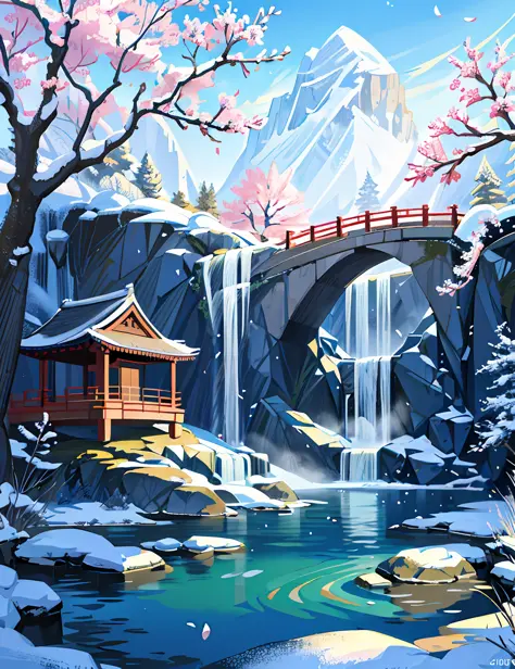 ancient chinese architecture, winter, plum blossoms, bamboo, lake, stone bridge, rockery, arch, corner, tree, tap water, landsca...