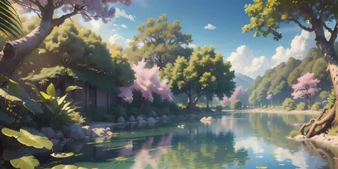 Masterpiece, best quality, (very detailed CG unity 8k wallpaper) (best quality), (best illustration), (best shadows) Vibrant colors, jungle, water, natural beauty, peaceful oasis , cherry tree, blue sky ray tracing, super detailed --v6
