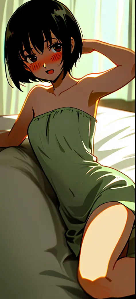 Black-haired girl with short hair, half-naked lying on the bed, straightening her hair, open mouth, blush, darkened lighting, sexy, old anime style