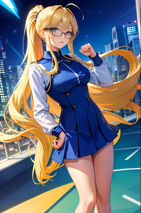 masterpiece, best quality, highres, 1girl, solo, superhero, high school uniform, bare legs, aura, blue aura, looking at viewer, light particles, city backdrop, perfect hands, perfect eyes, powering up, perfect legs, perfect arms, perfect fingers, blonde ha...