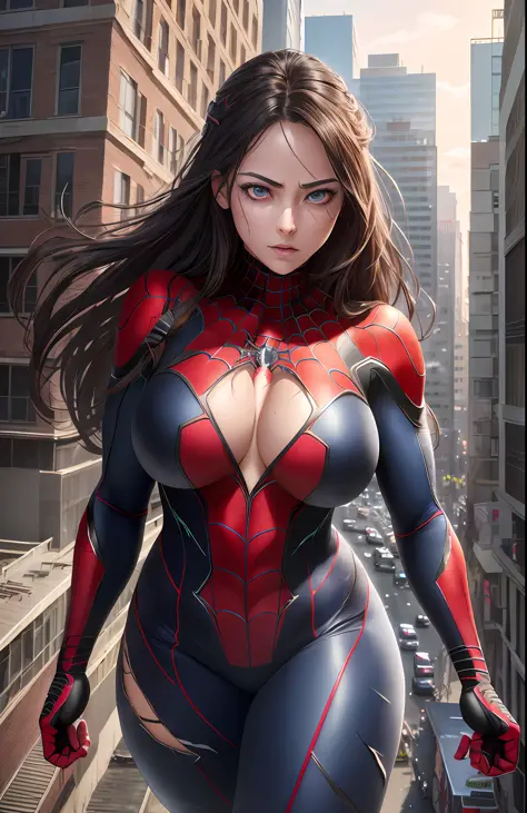 Anime, proportional eyes, (realistic:1.5),photorealistic, hyper realistic, (extremely detailed eyes), hyper detailed, soft lighting, (detailed background), extreme detail background, sharp details, ((full body)), female spider-man ripped open front of cost...