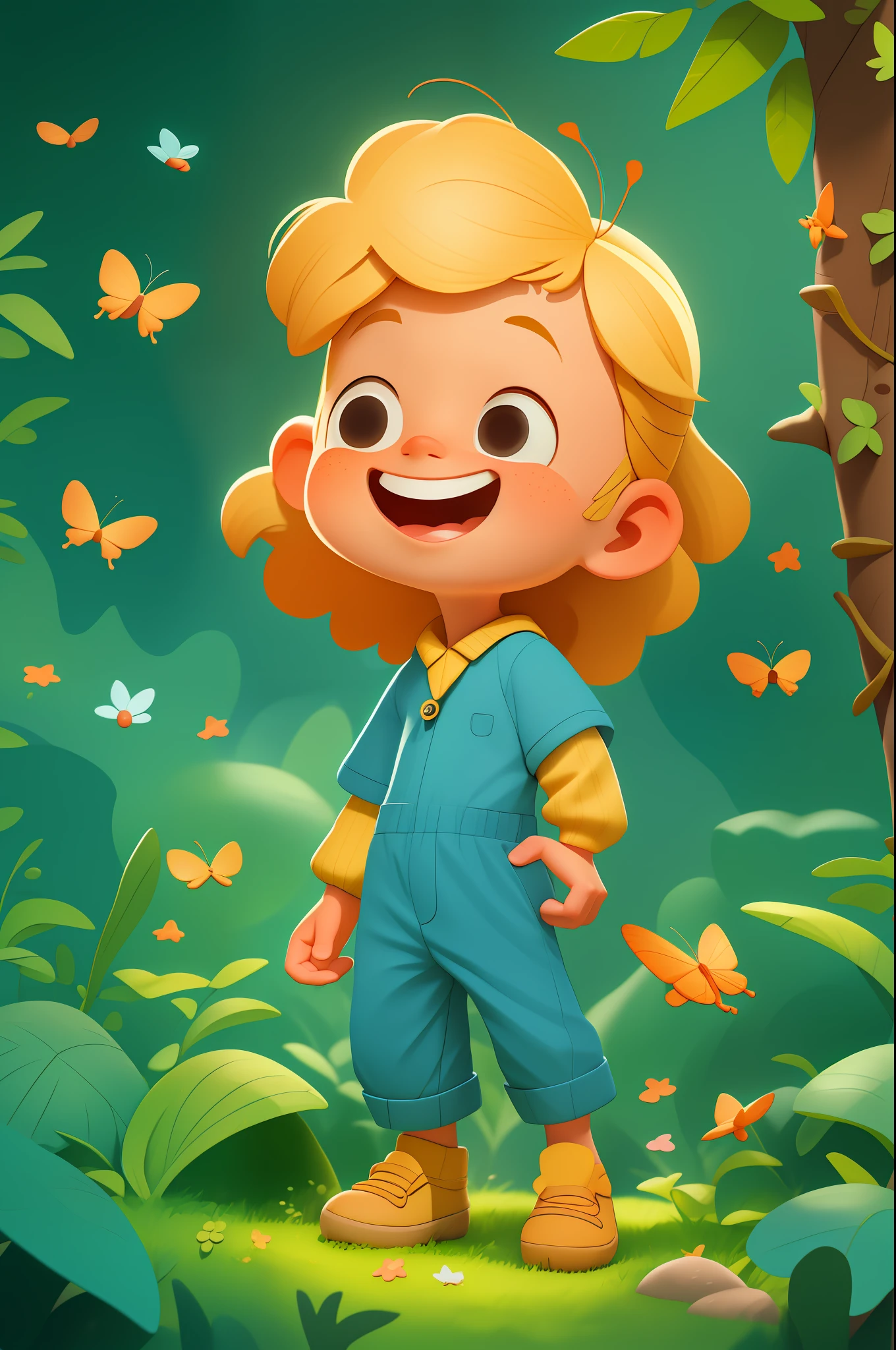 a happy cute kid, portrait, blonde hair, wearing a blue space costume, playing with a butterfly, outdoors, background forest, kid, toon, pixar style, 3d, cartoon, detailed face, asymmetric, upper body
