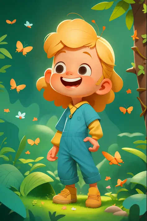 a happy cute kid, portrait, blonde hair, wearing a blue space costume, playing with a butterfly, outdoors, background forest, ki...