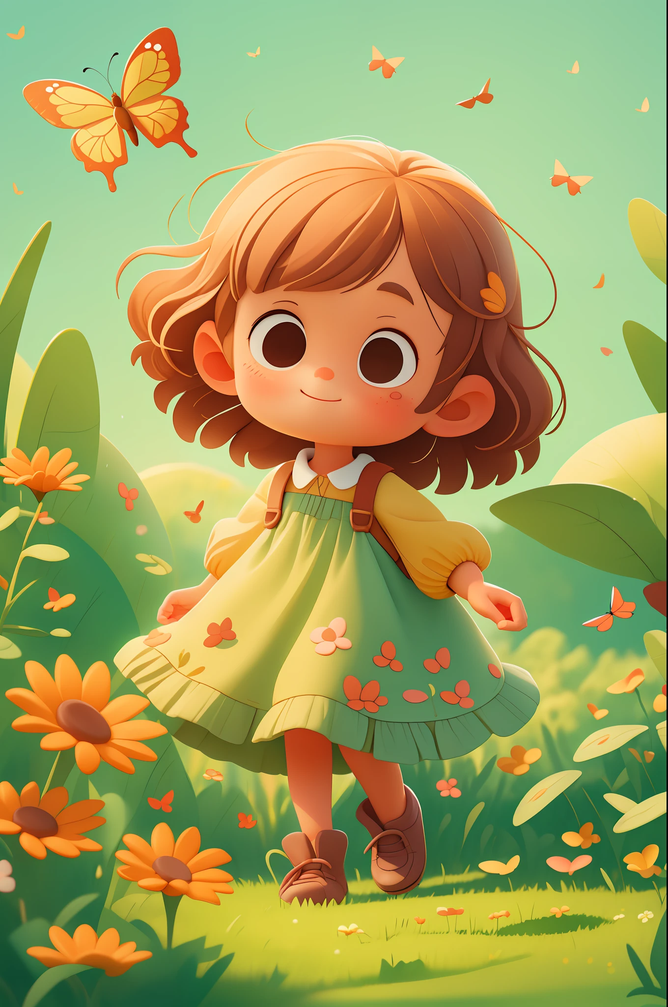 Alto detalle, Súper detalle, súper alta resolución, estilo pixar, Una chica linda e inocente, , niño pequeño, disfrutando de su tiempo en un campo vacío, rodeado de la belleza de la naturaleza, cálido sol rociándola, flores silvestres meciéndose suavemente con la brisa. Mariposas y pájaros revolotean a su alrededor., añadiendo a la atmósfera lúdica