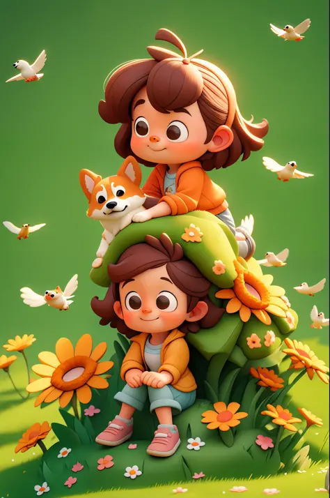 Cartoon style, (Pixar style), a cute girl and a corgi puppy, sitting, little girl reaching out to touch corgi's head, warm inter...
