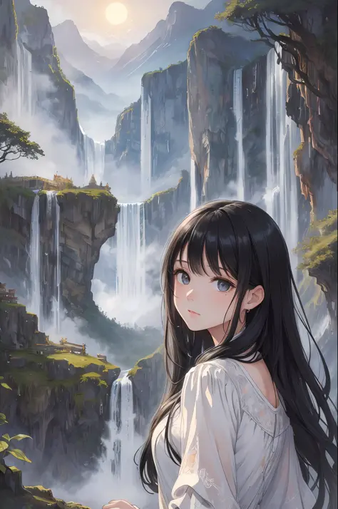 (best quality:1.3),(masterpiece:1.1),(illustration:1.2),(ultra-detailed:1.2),beautiful detailed eyes,
(Extremely detailed background:1.1), (waterfall1.1), mountain, dusk, sun, (fog), temple,
(1girl), ((upper body)), (black hair), (long hair), (expressionle...