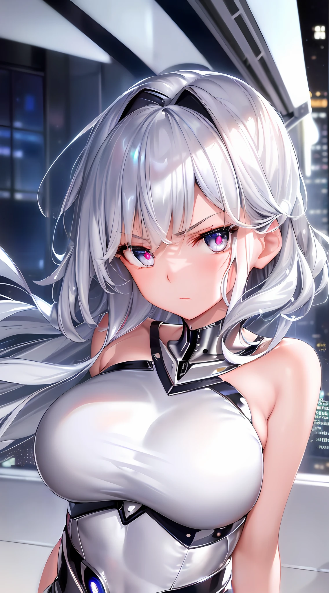 (16 years old), (Silvery slime girl), (Terminator), (Silvery skin), ((Liquid metal body)), (Beautiful girl: 1.5), (Skin quality: 1.5), (Glossy skin 1.3), (Beautiful girl), (Beautiful body), Short hair, Wavy hair, Pulled back hair, (((Silver)), Hair with beautiful details, (Big eyes), ((drooping eyes)), Crimson pupils, (Mechanical pupil), ( Aggressive expression), Closed mouth, (Colossal), (Delicate silver body), (Both arms change into silver blades), (Beautiful collarbone), (Facing forward), (Night), (City), (SF), (Electrified), (Face close-up), (Ultra close range), Upper body, (Face close-up), (Delicate arms and hands), (Delicate body), Masterpiece, Detail, High resolution, Top quality, Textile shading, Very delicate and beautiful, (reality :1.2), (8K),