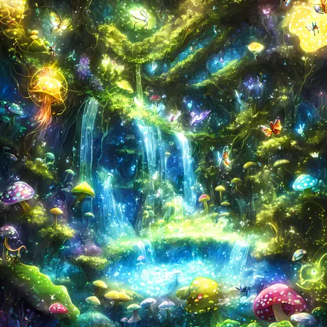 ((Impressively cinematic)),(Magical, Mystic),(A magical scene from a movie with creatures in a mushroom forest),(Extreme detaili...