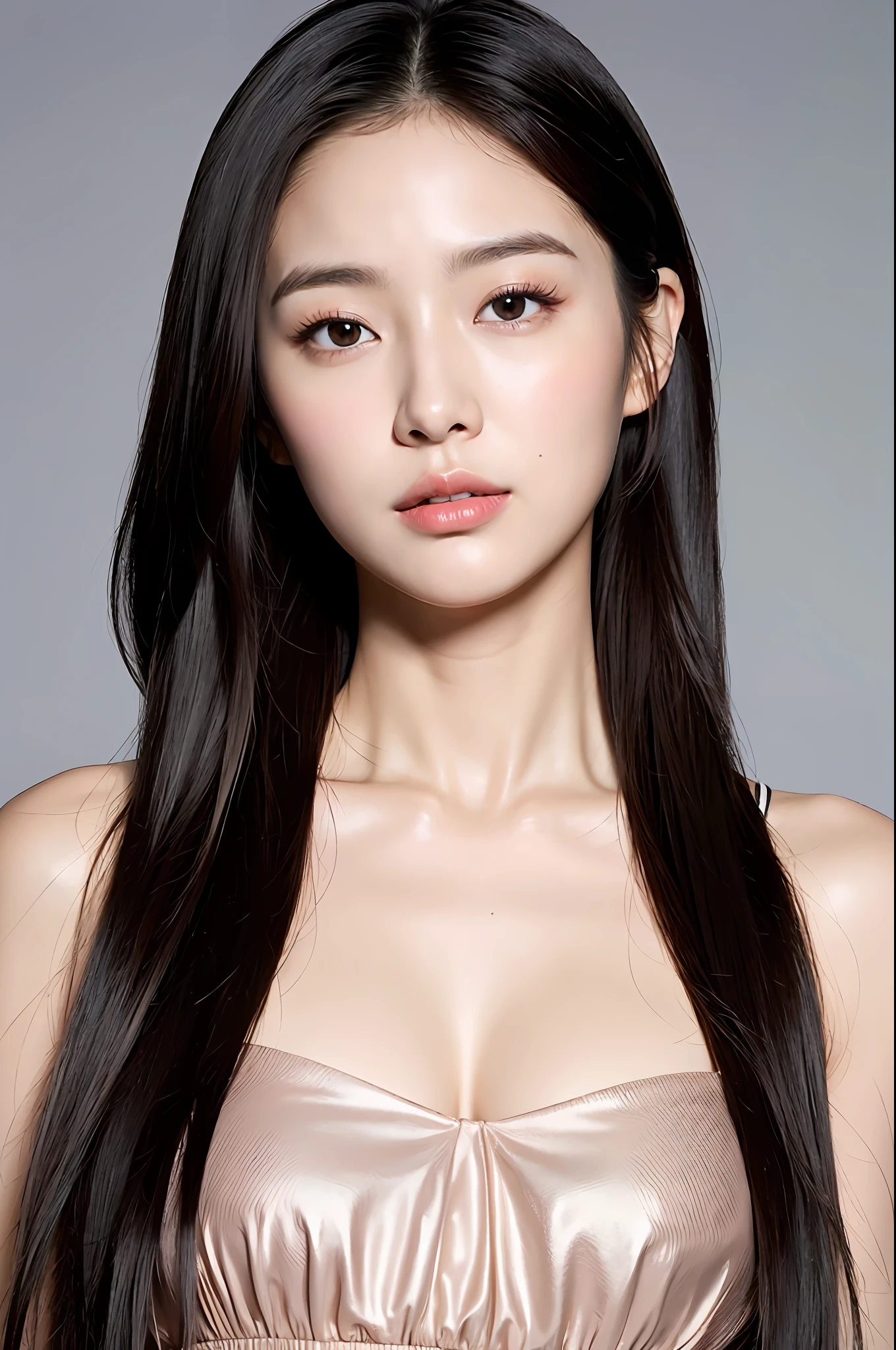 Realistic photo of (1 cute Korean actress) long straight hair, thin makeup, medium breasts, long dress, close up, Canon EOS clear facial features 8K high resolution, sharp detail, realistically