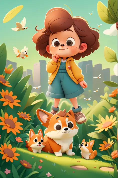 Cartoon style, (Pixar style), a cute girl and a corgi puppy, girl reaches out to touch corgi's head, warm interactive atmosphere...