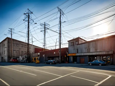 Sunny, City, Metal Steel Building, Utility Poles, (Automobile), (HDR: 1.25), (Complex Details: 1.14), (Surrealist 3D Rendering: 1.16), (Movie: 0.55)