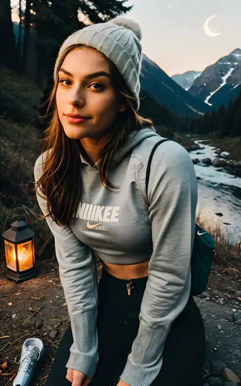 1 woman ((upper body selfie, happy)), masterpiece, best quality, ultra-detailed, solo, outdoor, (night), mountains, nature, (stars, moon) cheerful, happy, backpack, sleeping bag, camping stove, water bottle, mountain boots, gloves, sweater, hat, lantern, forest, stones, river, wood, smoke, shadows, contrast, clear sky, style , (warm hue, warm tone: 1,2),  close-up, cinematic light, side lighting, ultra high resolution, best shadow, RAW, upper body, wearing nike brand clothing