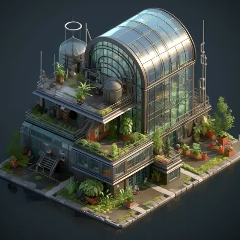 Isometric, overlooking 45 degrees, SLG game building, single building, greenhouse planting, gray background, concept art, octane rendering