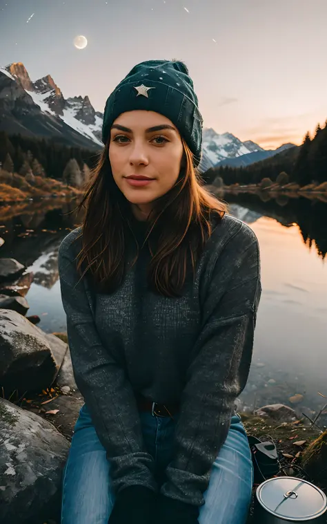 1 woman ((upper body selfie, happy)), masterpiece, best quality, ultra-detailed, solo, outdoor, (night), mountains, nature, (stars, moon) cheerful, happy, backpack, sleeping bag, camping stove, water bottle, mountain boots, gloves, sweater, hat, lantern, f...