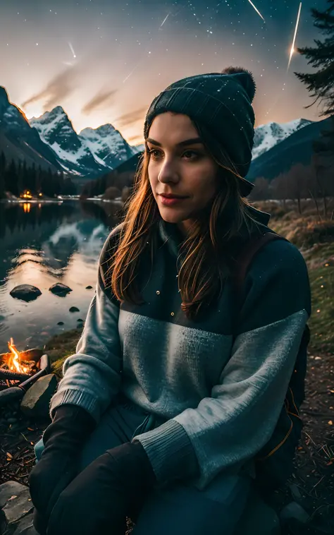 1 woman ((upper body selfie, happy)), masterpiece, best quality, ultra-detailed, solo, outdoor, (night), mountains, nature, (stars, moon) cheerful, happy, backpack, sleeping bag, camping stove, water bottle, mountain boots, gloves, sweater, hat, lantern, f...