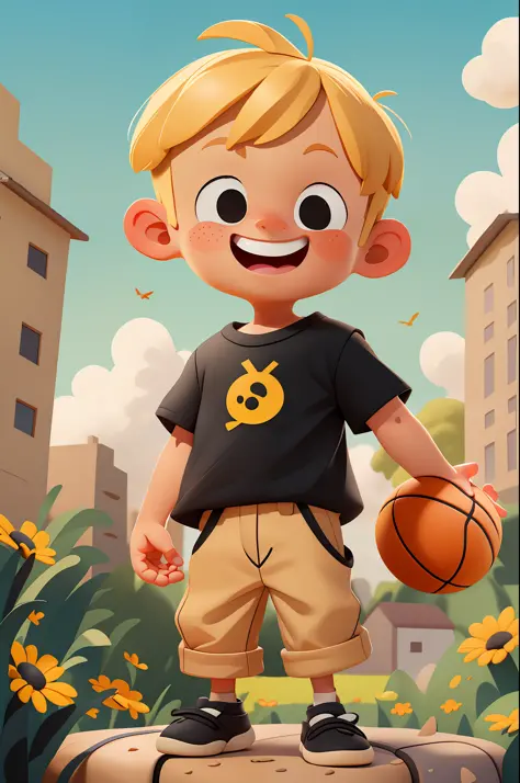 A happy and cute boy, portrait, ((middle bangs)), yellow skin, blonde hair, wearing (((black shirt))), with (beige) (trouser str...