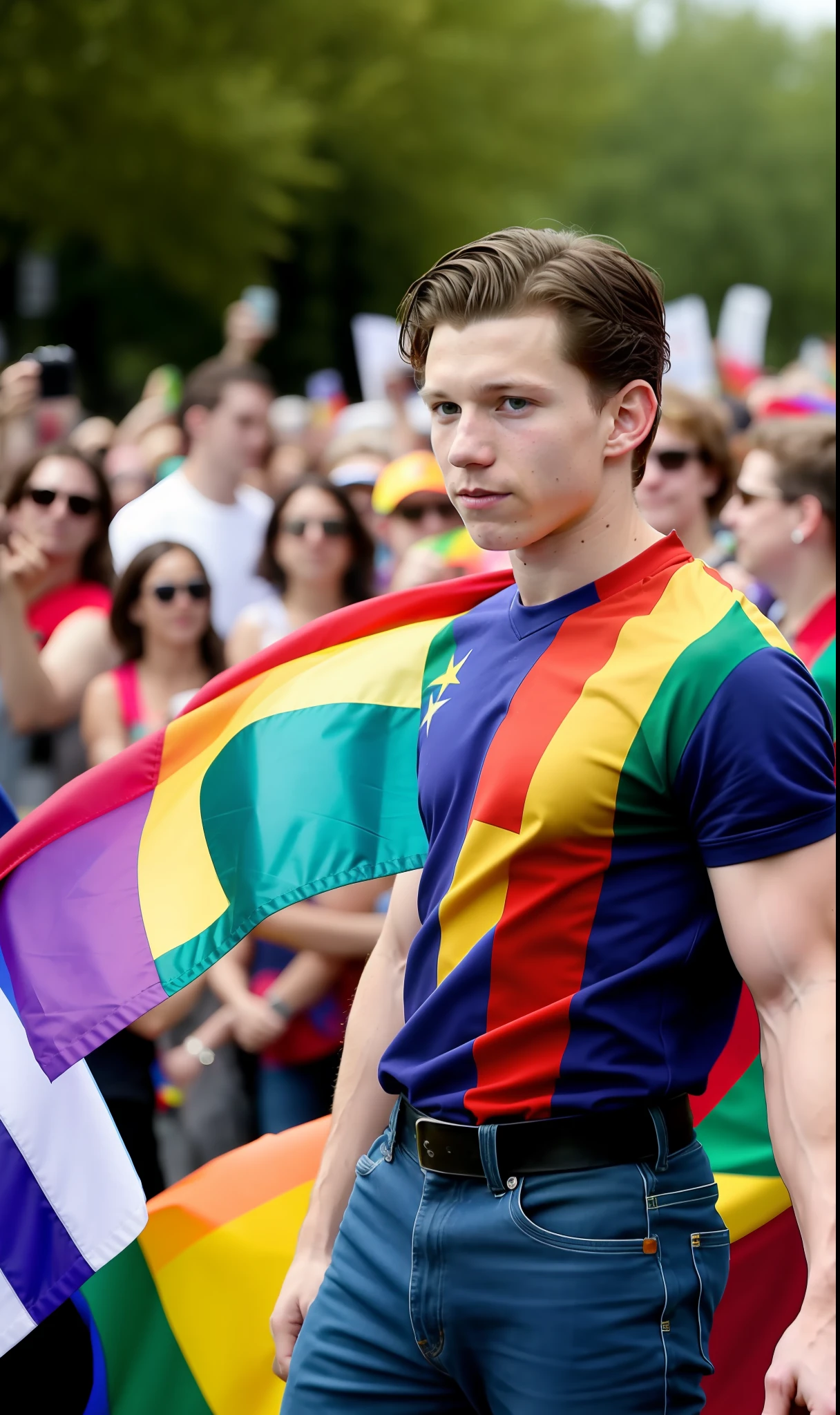 Tom Holland at the Pride Parade. Not happy with it yet, the crowd in the  backgro - SeaArt AI