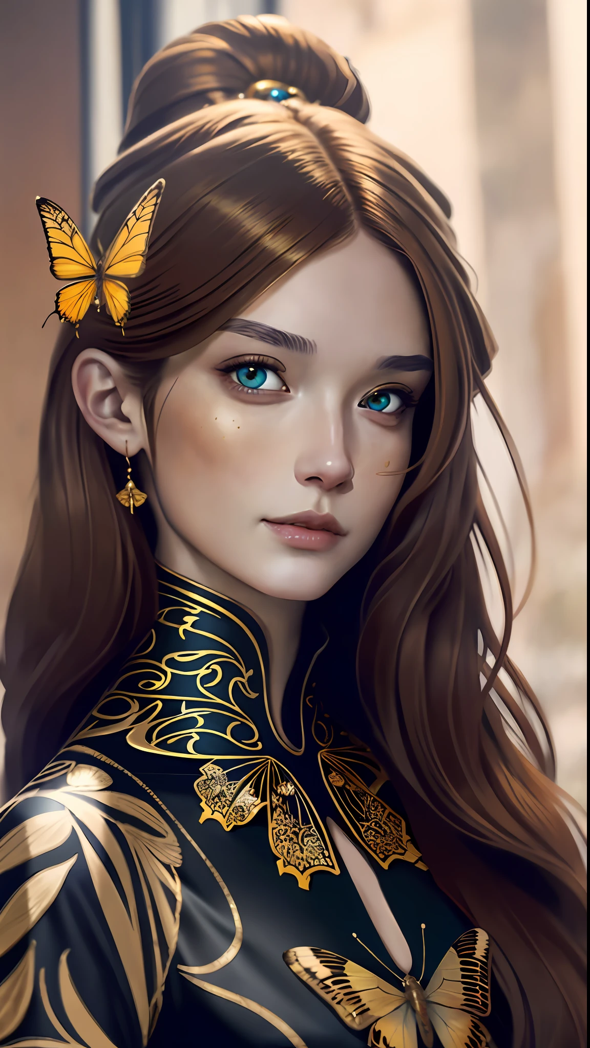 8k portrait of beautiful cyborg with brown hair, intricate, elegant, highly detailed, majestic, digital photography, art by artgerm and ruan jia and greg rutkowski surreal painting gold butterfly filigree, broken glass, (masterpiece, sidelighting, finely detailed beautiful eyes: 1.2), hdr,