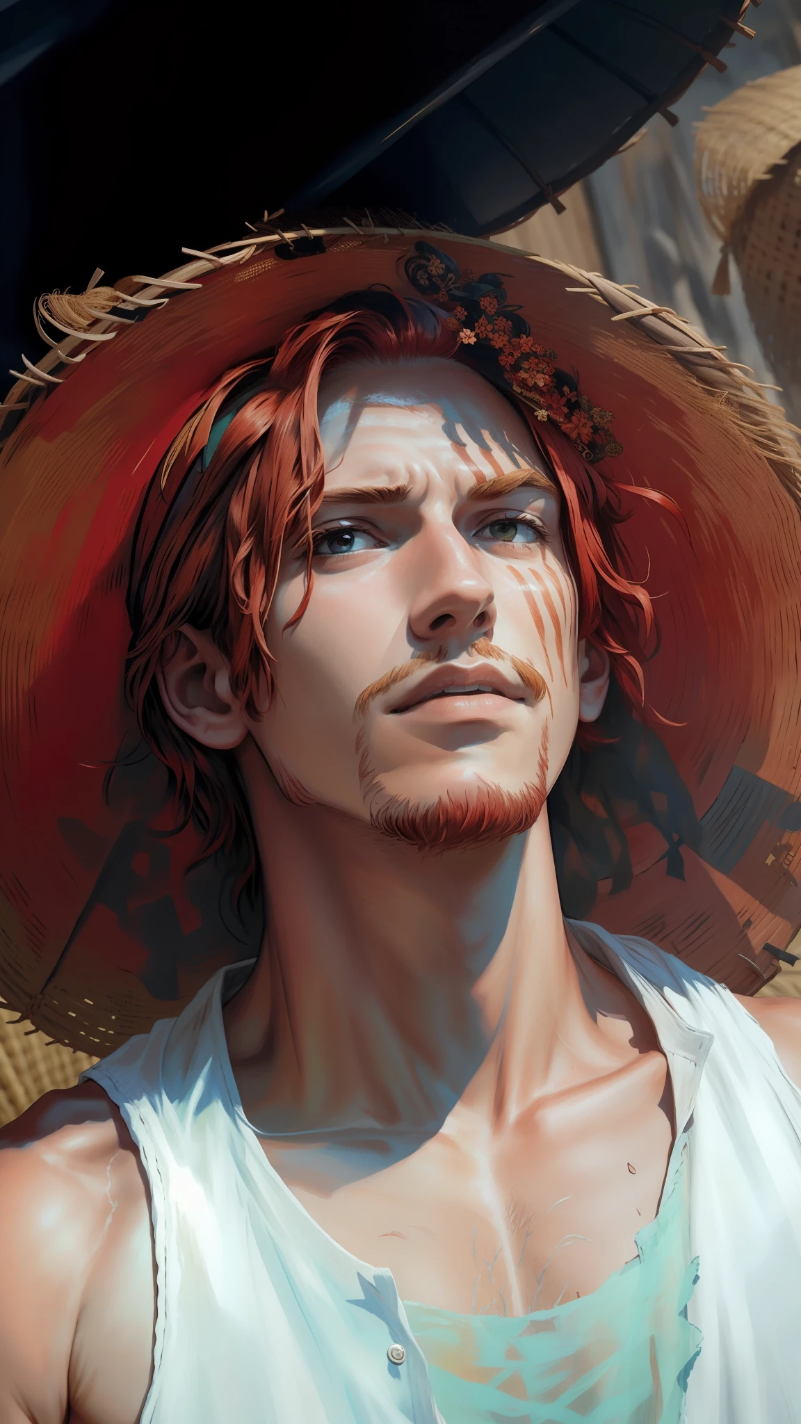 (masterpiece, best quality),  intricate details,
 1boy, man, red hair, straw hat, Shnks, shanks \(one piece\),  scar on face,