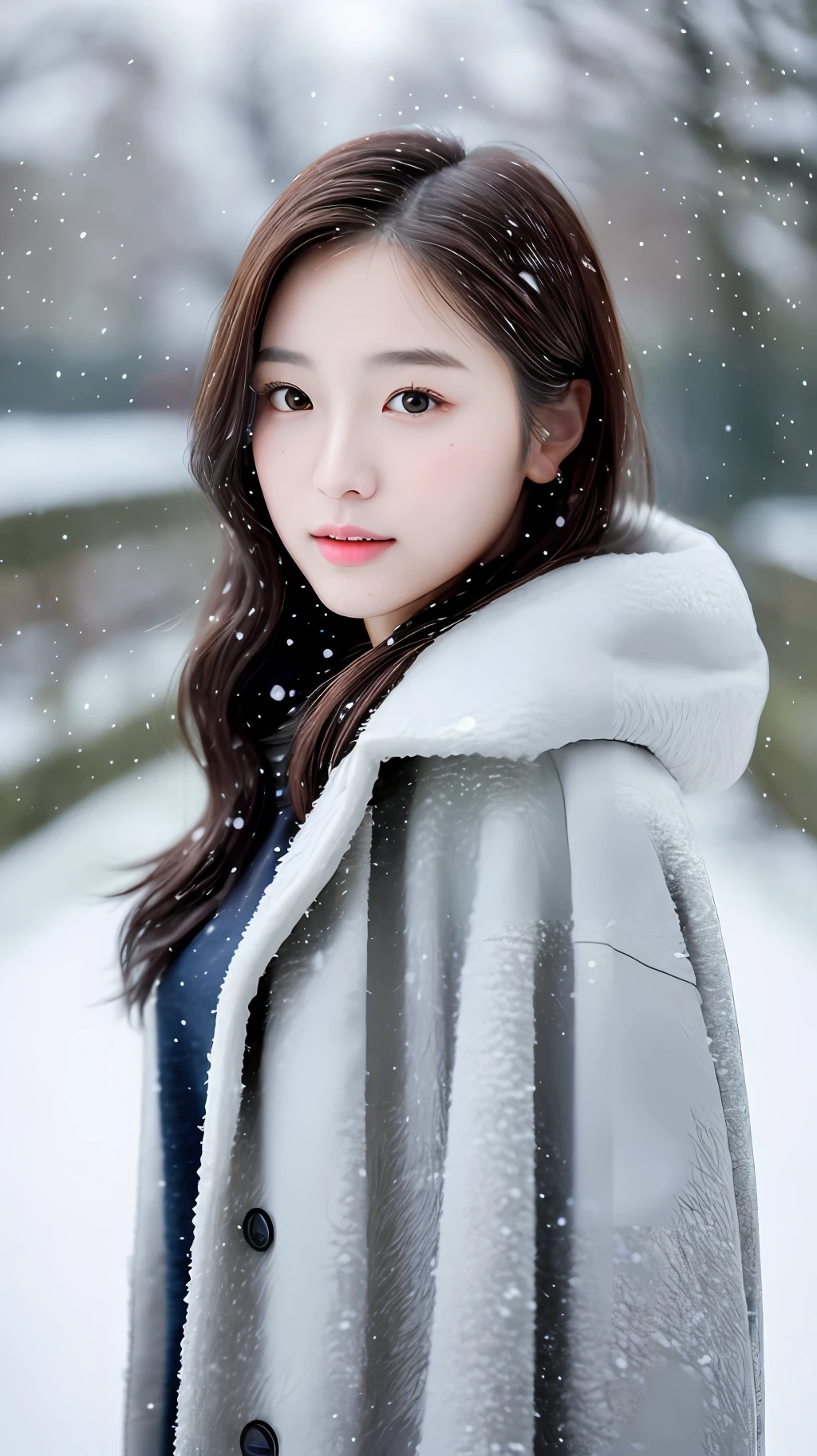 realistic photos oฉ (1 ดาราเกาหลีผู้น่ารัก) ผมยาวประบ่า, แต่งหน้าบาง ๆ, ขนาดหน้าอกปานกลาง, สวมเสื้อคลุม, ในหิมะ, clear ฉacial ฉeatures, ความละเอียดสูง 8K, รายละเอียดคมชัดและสมจริง.ฉrom outside, ช็อตระดับสายตา, ฉ/4.0, 135มม, Fujiฉilm, jpeg artiฉacts, การทำให้สีจางลง, ยูเอชดี, ผลงานชิ้นเอก