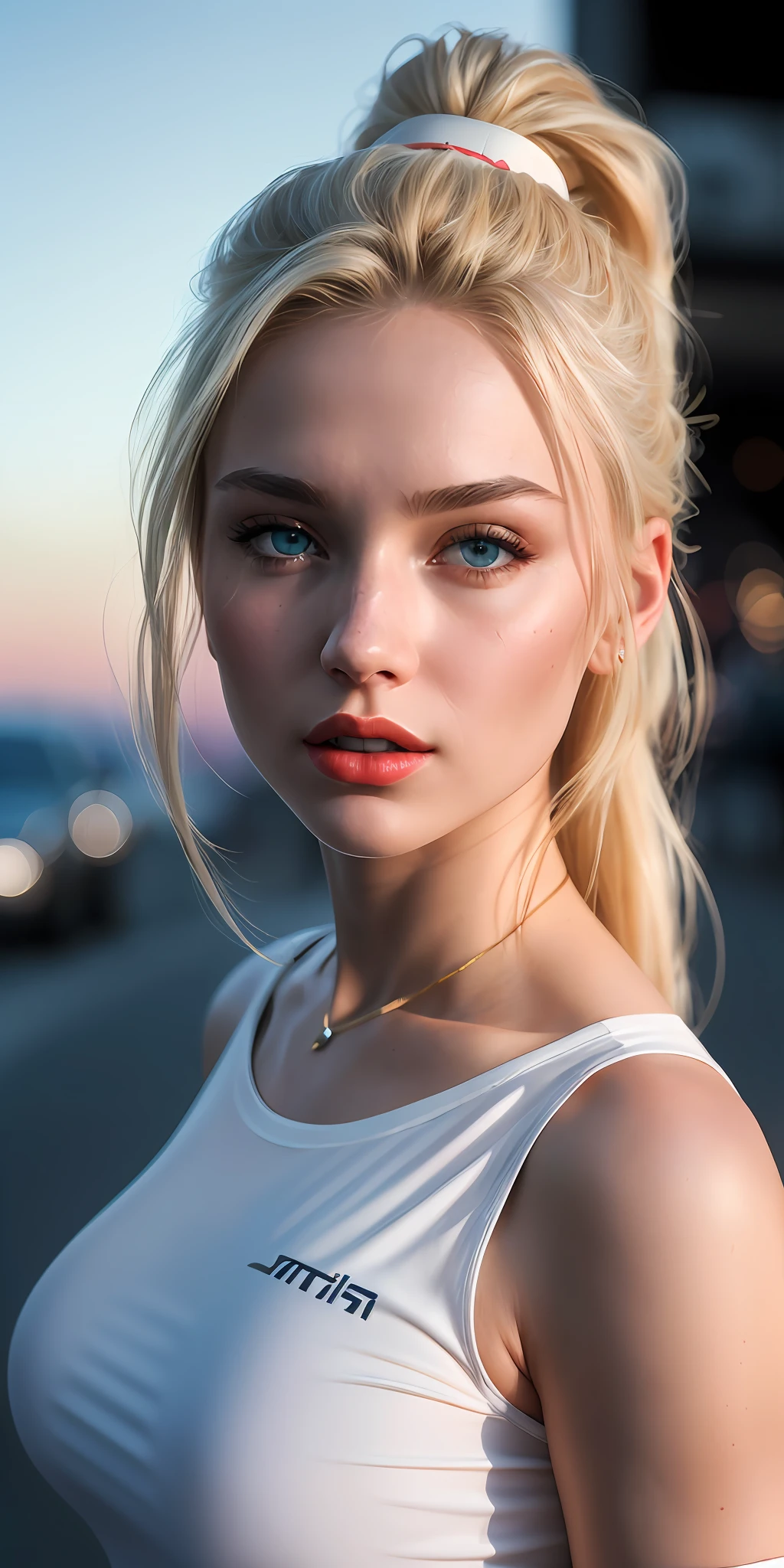 beautiful russian college girl, blonde, upper body, elegant outfit, outdoor, blonde hair, ponytail, long hair, blue eyes, savage lips, red lips, ((white t-shirt outfit)), ( (perfect silicone breasts), photorealism, photorealism, photorealism, photorealism, high contrast, Artstation 8k HD high definition trending photorealism detail, detail, skin texture, hyperdetail, realistic skin texture, armor, top quality, ultra-high resolution, (photorealistic: 1.4), high resolution, detail, raw photo, cell phone selfie composition,  Various facial expressions, Sharp RE, by Lee Jeffries Nikon D850 Film Stock Photo 4 Camera Kodak Portra 400 Lens F1.6 Rich Color Hyper Realism Texture Realistic Lighting Dramatic Unrealistic ArtStation Cinestill 800 Engine Trends,