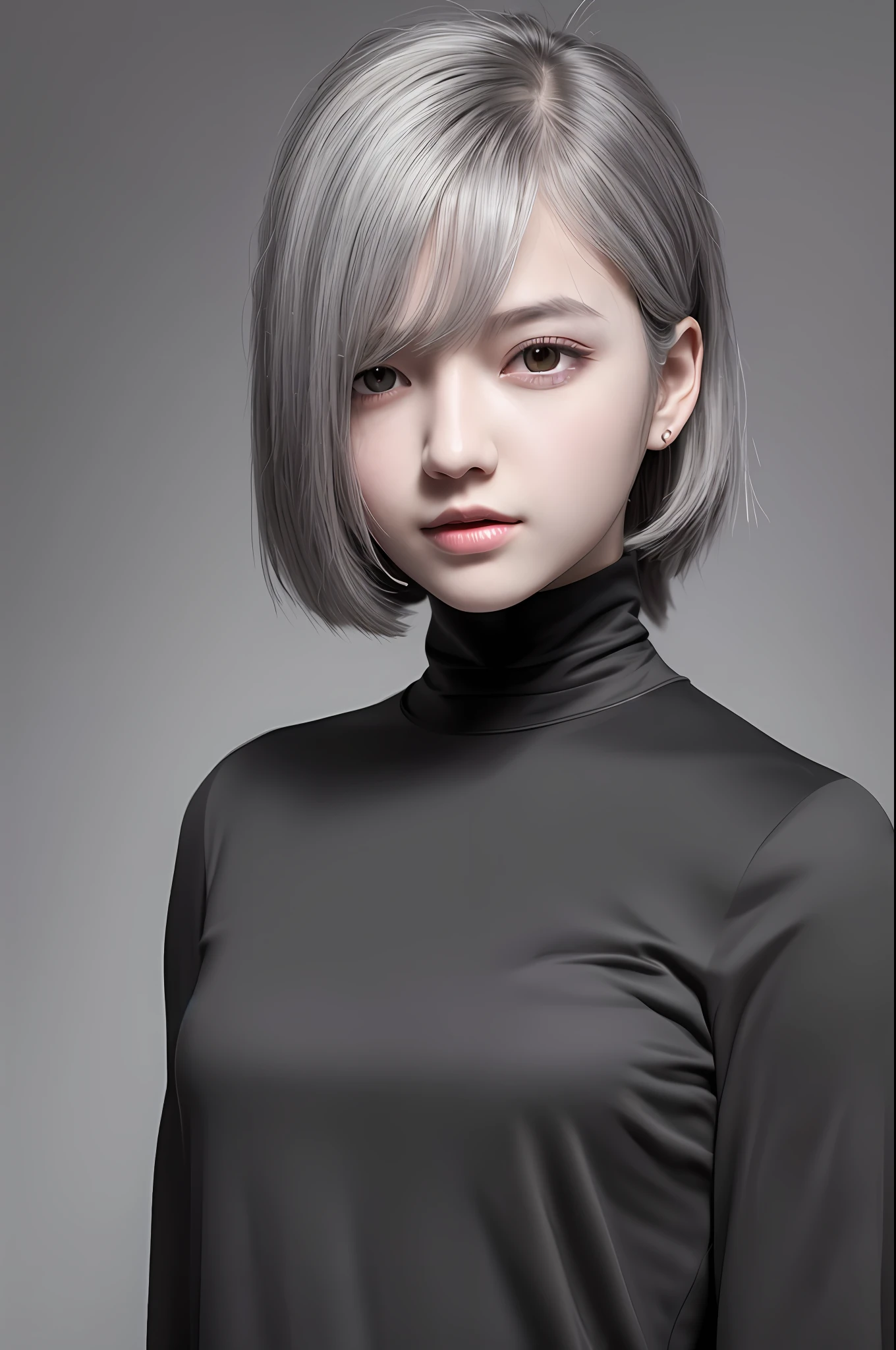 Top quality, masterpiece, ultra high resolution, (photorealistic: 1.4), 1 girl, viewer's eye gaze, gray hair, black eyes, black shirt