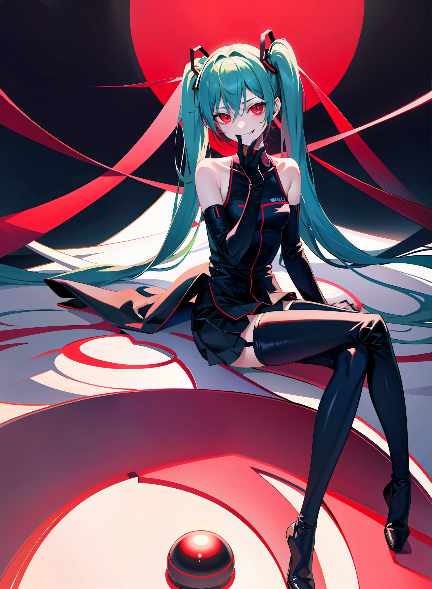 Miku, naughty expression, naughty smell, erotic, sitting pose, stockings, brainwashing, red eyes, black clothes, evil smile, dark aura, evil aura, dark circle,