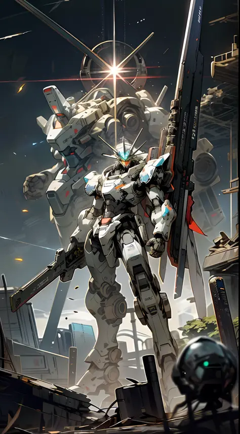 space, holding_weapon, no_humans, glowing, giant robot, flying, rifle at viewer,point at viewer,, destroyed space colony, ruins, glowing_eyes, mecha, science fiction, satellite orbit, reality, mech, wearing a shield on its back,