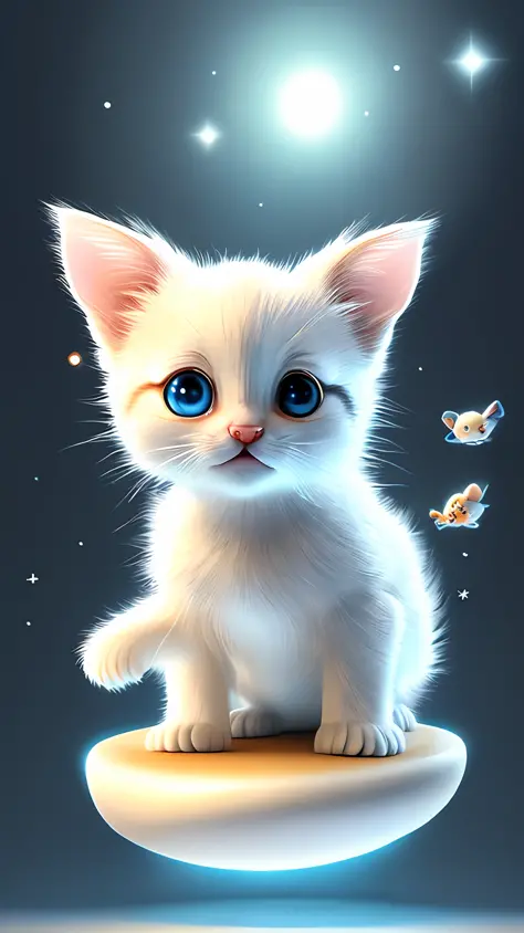 Pixar style, 3D, little cute and cute white-haired kitten Superman, floating in space, big eyes, laughter, excitement, Jean-Baptiste Monge, anthropomorphic, dramatic lighting
