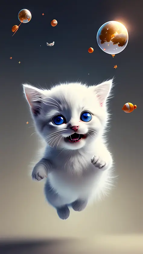 Pixar style, 3D, cute and cute white-haired kitten Superman, big eyes, laughter, excitement, floating in space, Jean-Baptiste Monge, anthropomorphic, dramatic lighting