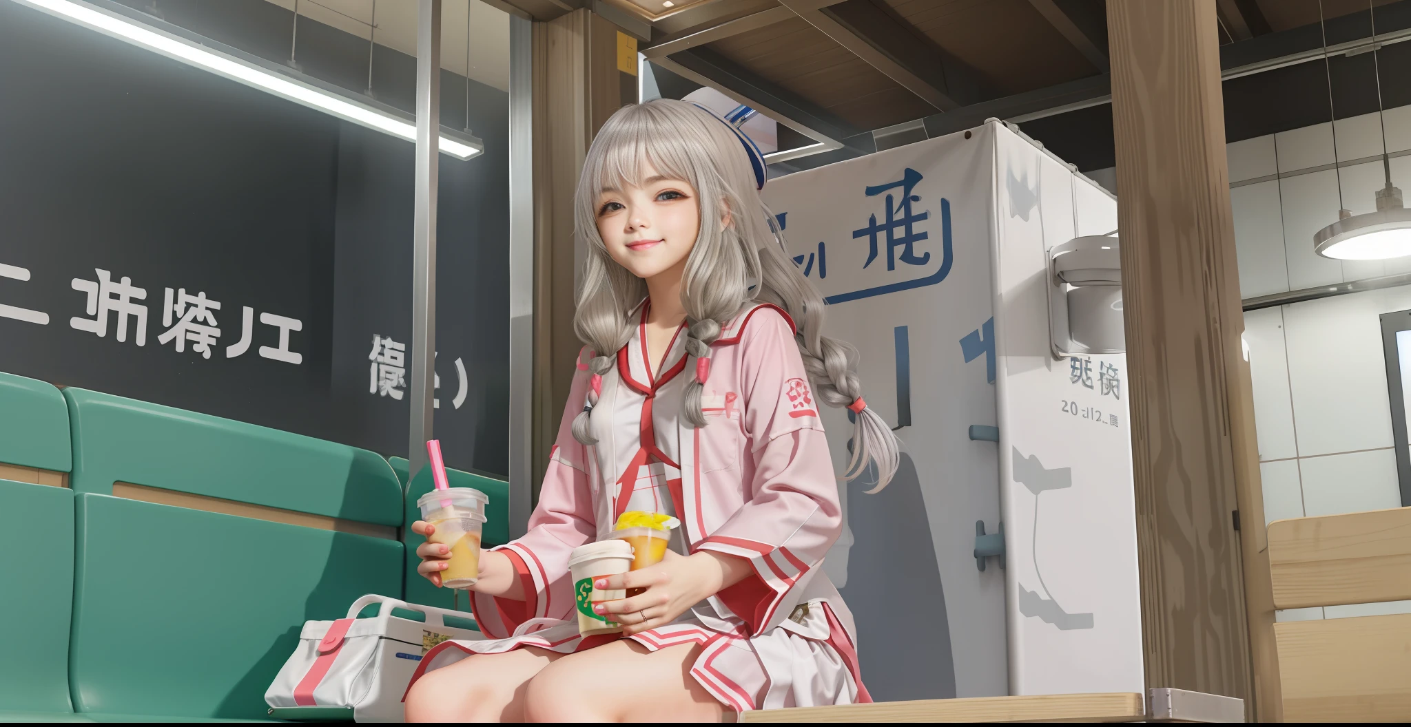 1 chica, sentado en la estacion, Tokio, estación de metro, hanfu blanco, cabello plateado, trenzas retorcidas, linda sonrisa, sosteniendo una taza de agua con ambas manos 1.5, Estilo Shinkai Makoto, Iluminación de animación,--a las 5