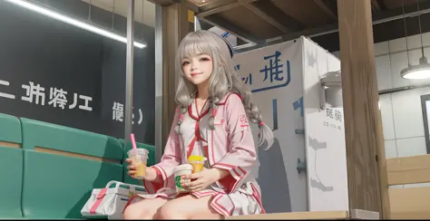 1girl, sitting at the station, Tokyo, subway station, white hanfu, silver hair, twisted braids, cute smile, holding a water cup ...