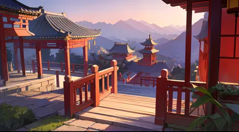 Chinese Taoist Costume, Purple Dao Robe, Taoist Temple Architecture, Landscape, Mountain Gate, Outdoor, Masterpiece, Top Quality, Best Quality, Official Art, Beauty and Aesthetics, Animation, Version,)