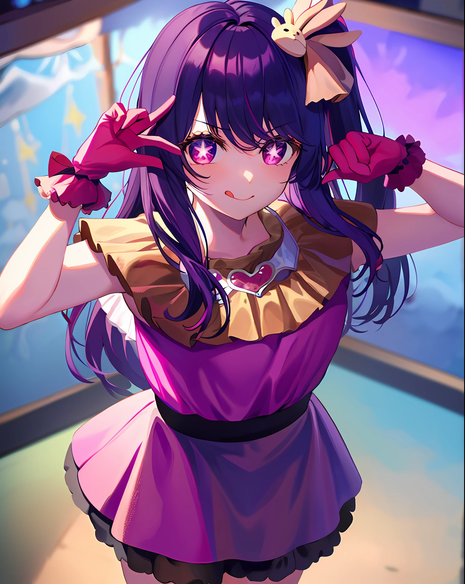 1girl, full body, cowboy shot,
(Rembrandt), illustration, (masterpiece), (best quality), (ultra_detailed), finely detail, (Depth of field),
HshinoAi,gloves, tongue out, tongue, long hair, star \(symbol\), looking at viewer, (purple hair:1.2), purple eyes, upper body, hair ornament, :p, frills, pink shirt, smile, sleeveless, shirt, idol, symbol-shaped pupils, hands up, bangs, one side up, star-shaped pupils, arms up,
dress pull,
Roaring Twenties, isometric, from above, sky, flower, cliff,