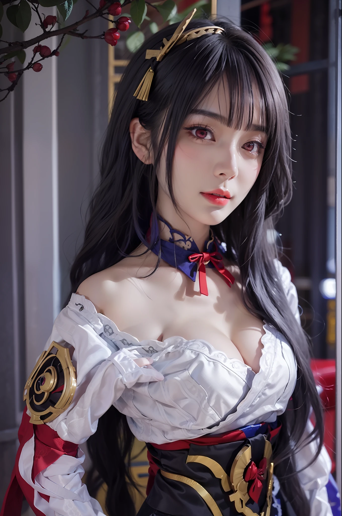NSFW, masterpiece, best quality, super detailed, semi-realistic, detailed facial features, , gray hair, long hair, red eyes, detailed and intricate xianxia wearing ancient clothes.