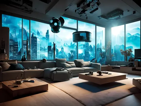 Futuristic sense of technology, warm atmosphere of the living room scene, no need for characters, 3D sense of the picture