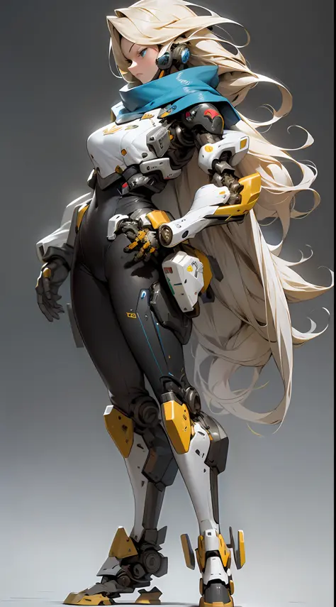 Masterpiece, Awesome, 1girl, tights, full body, long hair, blonde hair, robotic arms, mid-chest, blue scarf, sci-fi, solo, stand...