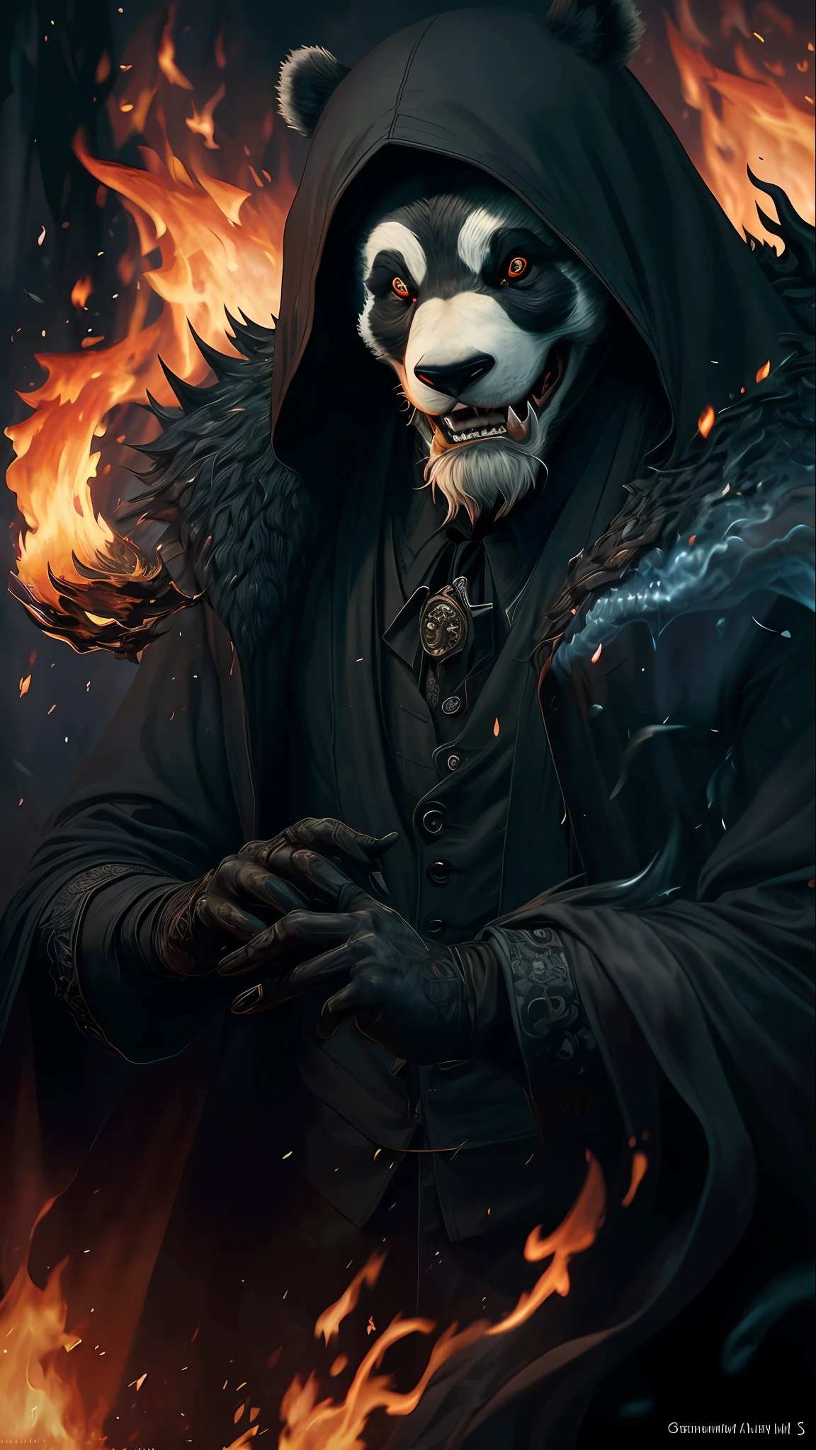 a panda portrait of a hyperdetailed in the style of a dementor from harry potter and a rogue dnd character,ginger hair, (pleasant:1.3) thoughtful expression, full body, conjuring magical energy, cinematic shot on canon 5d ultra realistic skin, Fabian Perez Henry Asencio, Jeremy Mann Marc Simonetti fantasy magical horror atmosphere, (highly detailed environment:1.3),(((fire breathing,the flames)))