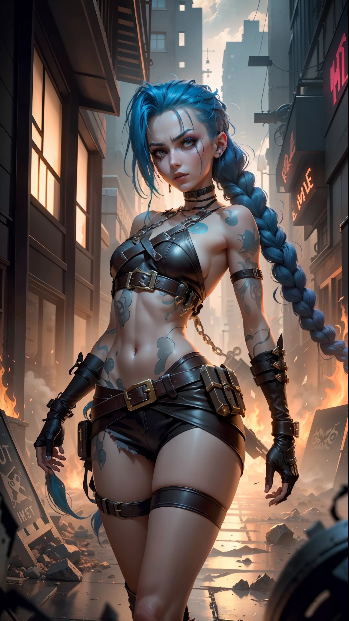 ((Best quality)), ((masterpiece)), (highly detailed:1.3), 3D, arcane style,In the dark and courageous dystopian city of Piltover, plagued by violence and divided into two opposing factions, a young prodigy named Jinx emerges. Having endured unimaginable loss and abandonment, she embraced a life of chaos and destruction. Known for her inventive and explosive abilities, Jinx becomes an icon of rebellion against the oppressive forces that control the city. However, haunted by guilt and battling inner demons, she must confront her past and decide whether to continue on the path of anarchy or seek redemption amid the turmoil. Explore Jinx's journey as she navigates a treacherous world, fighting for survival, unlocking secrets, and discovering the true meaning of her twisted existence, chaos reigns supreme, and at the center of it all is Jinx, the embodiment of unpredictability. Delve deep into Jinx's twisted mind, exploring the origins of his madness and the driving force behind his destructive nature. Unravel the moments that shaped her into the crazed, iconic character we know. Take us on a wild journey through the vibrant streets of Piltover and the shadowy suburb of Zaun as Jinx wreaks havoc with his explosive arsenal. Can redemption find its way into Jinx's fractured soul? Or will she dance forever on the edge of sanity, embracing the chaos that fuels her very existence? Arcane's fate hangs in the balance as Jinx's path intertwines with unlikely allies and formidable enemies. Ignite your imagination and paint a vivid portrait of Jinx's distorted psyche, capturing the essence of her madness and the indomitable spirit that defines it, HDR (High Dynamic Range), Ray Tracing, NVIDIA RTX, Super-Resolution, Unreal 5, Subsurface Scattering, PBR Texturing, Post-processing, Anisotropic Filtering, Depth of Field, Maximum Clarity and Sharpness, Multit Textures