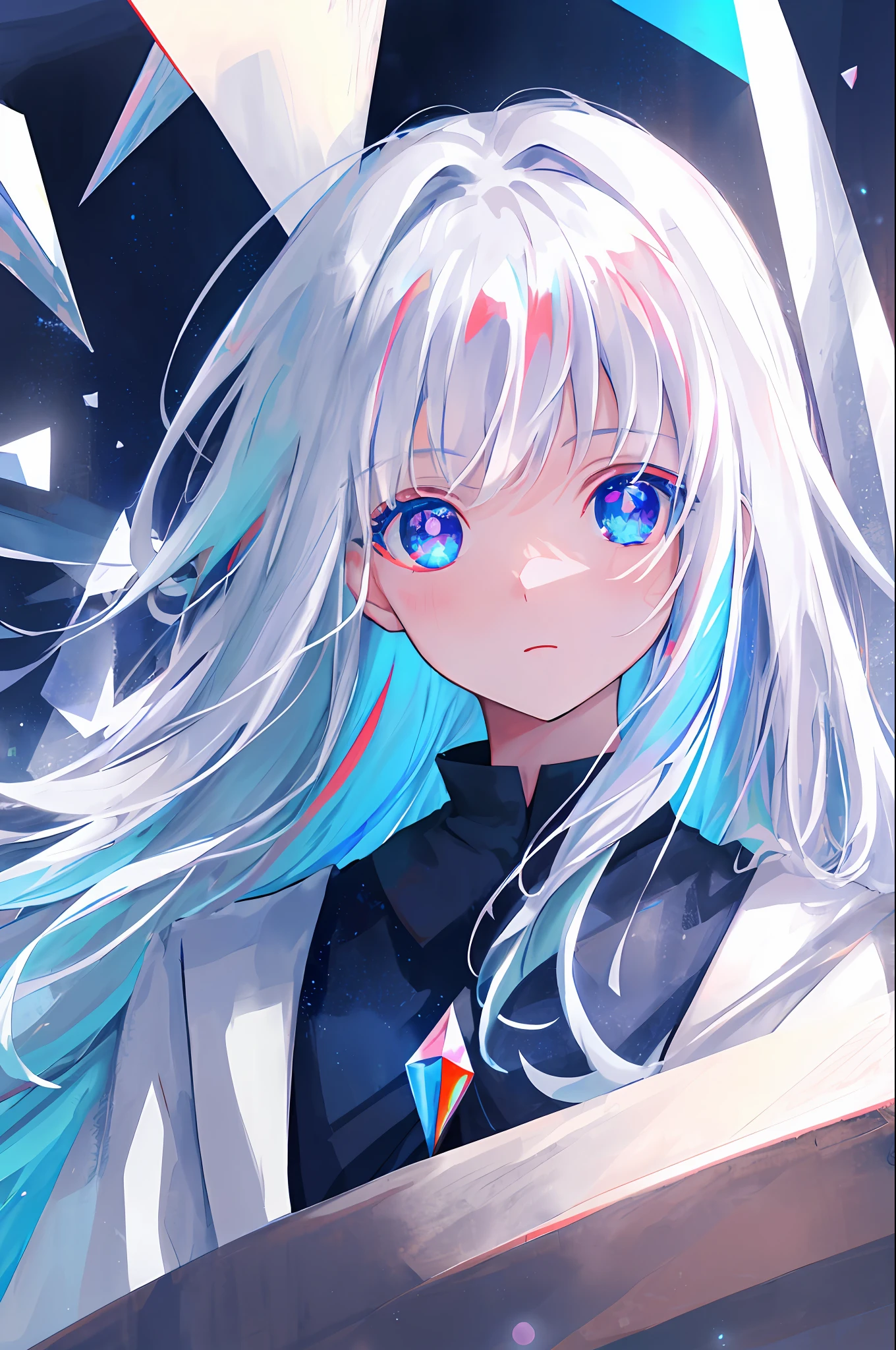 Masterpiece, Best Quality, High Quality, High Resolution, Masterpiece*Portrait, Blank, 1girl, Solo, Prism Eyes, Prism Hair, Prism, Serious, [Silver|White]+(Blue:-0.3) Hair, Blue + red eyes, gradient eyes, colorful eyes, calm, plump body, glowing, glowing eyes, glowing white particles, sparkle, bloom